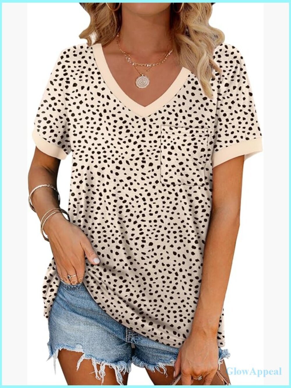 V Neck Short Sleeve T-Shirt with Pocket Loose Fit Casual Top
